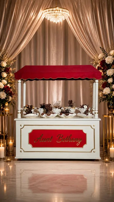 Bethany’s red and ivory event kiosk beneath draped fabric and flowers