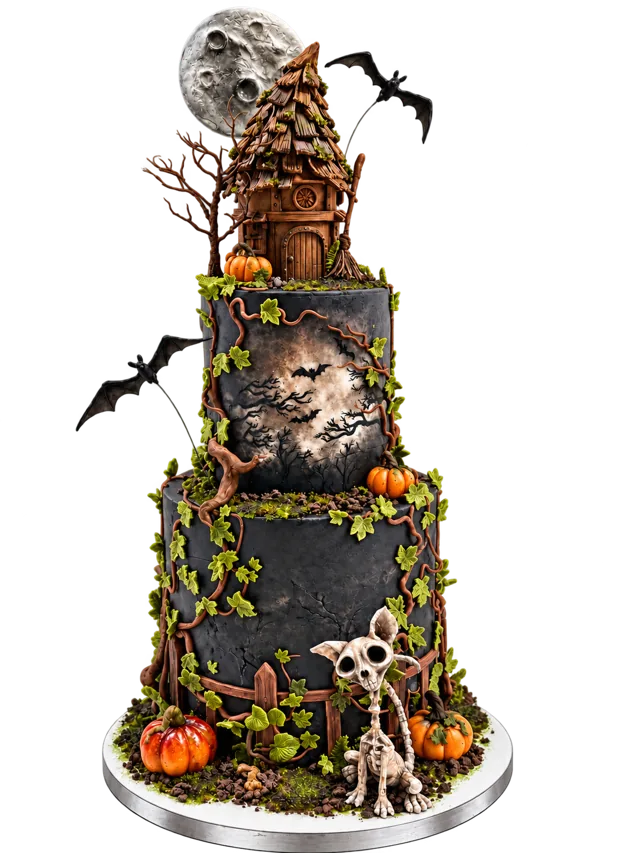 Halloween cake with a haunted house, moon, pumpkins and sculpted details